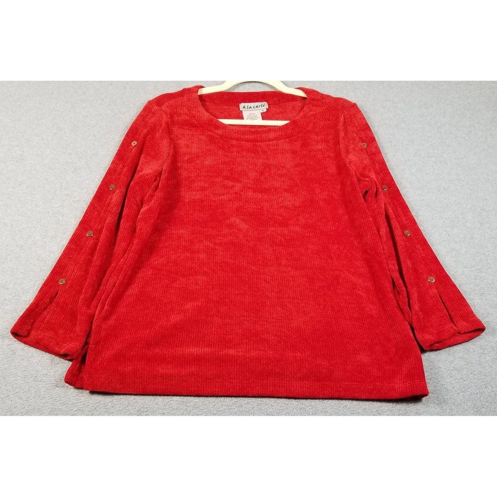 A la carte Top Womens M Medium Red Chenille Button Long Sleeve Stretch Fall Cozy